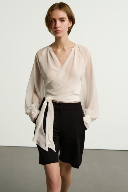 Long-sleeve wrap blouse - White