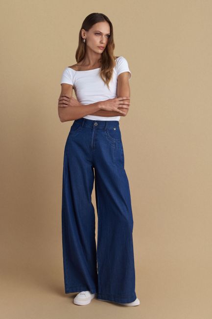 Wide leg trousers in denim look - Blue