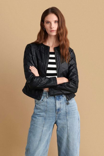 Cut-out detailing leather-look jacket - Black