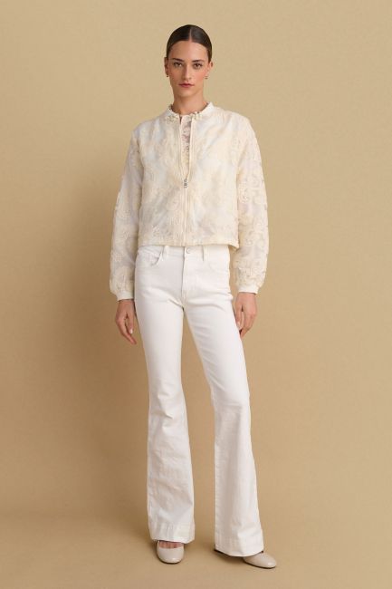 Pearl-detail jacket in floral embroidery - Vanilla