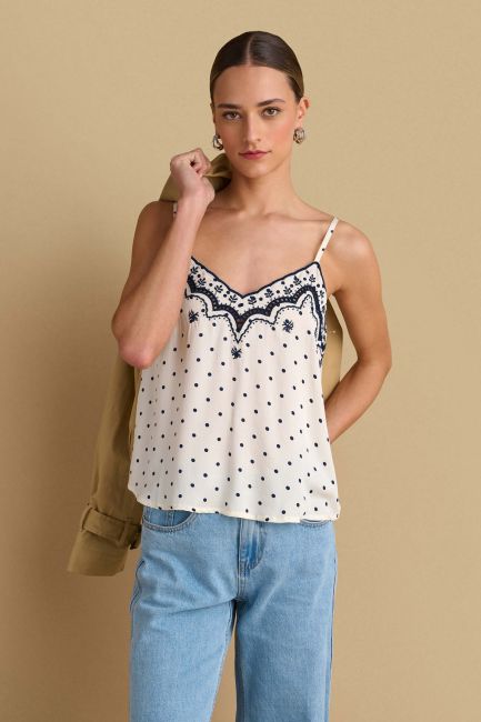 Polka-dot top with embroidery - Off white