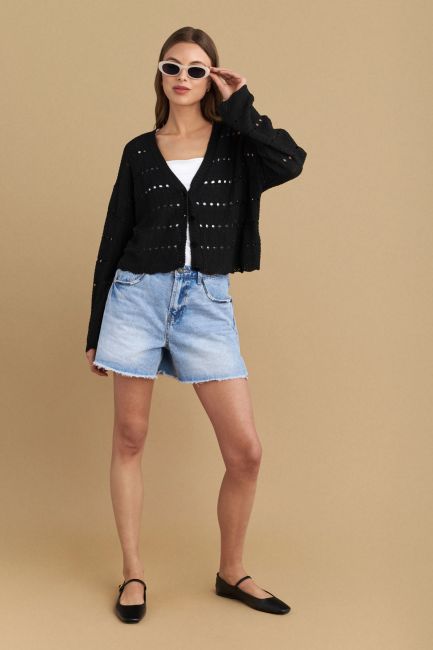 Perforated-knit short cardigan - Black