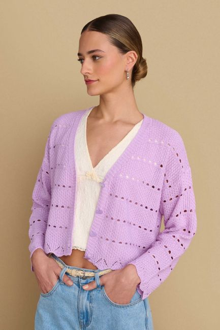 Perforated-knit short cardigan - Lilac