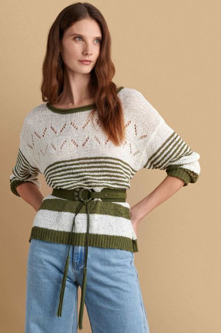 Stripe-pattern knitted blouse - Khaki