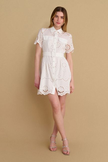 Belted mini broderie dress - White