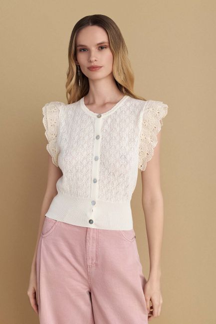 Cropped cardigan with ruffles - Vanilla