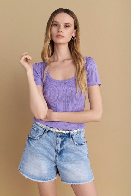 Short-sleeved knit top - Lilac