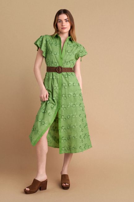 Dress with 3D flower details and belt - Green