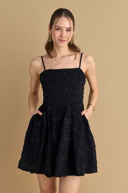 Mini dress with embossed flowers - Black