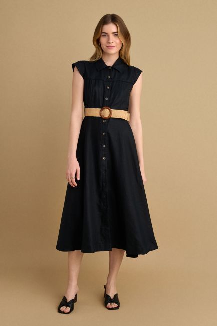 Belted linen dress - Black