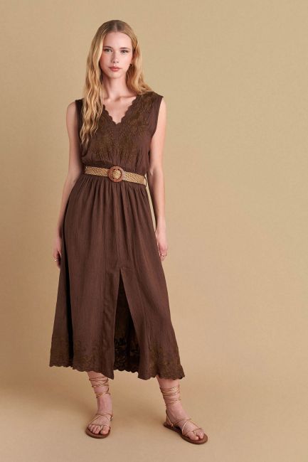 Embroidered dress with belt - Chocolate