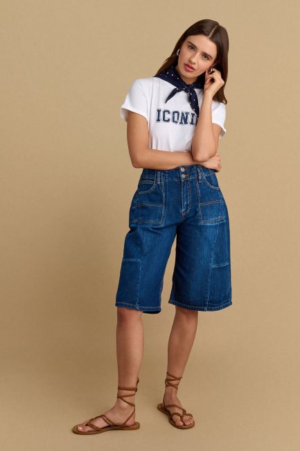 Denim knee-length bermuda - Blue