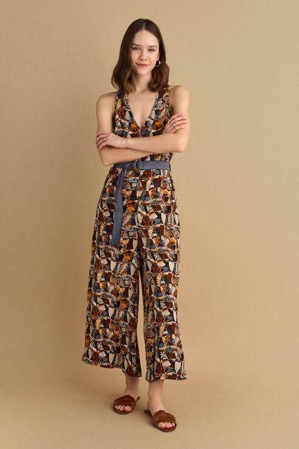 Ολόσωμη φόρμα εμπριμέ με denim ζώνη - Multicolor