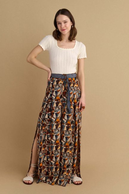 Denim-belted printed trousers - Multicolor