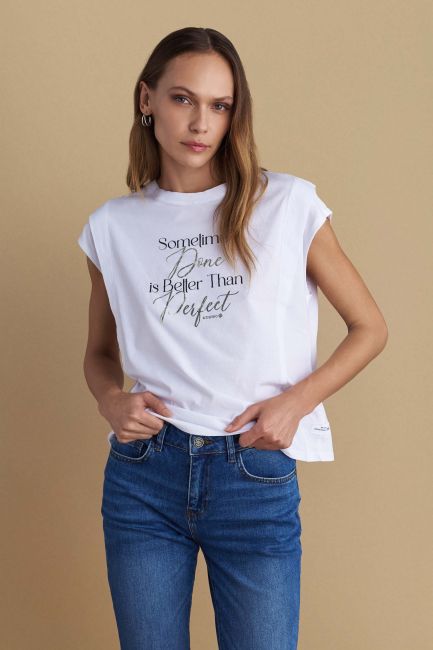 Seeveless blouse with stamp - White