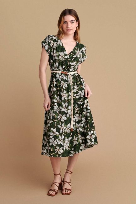 Belted midi printed dress - Multicolor