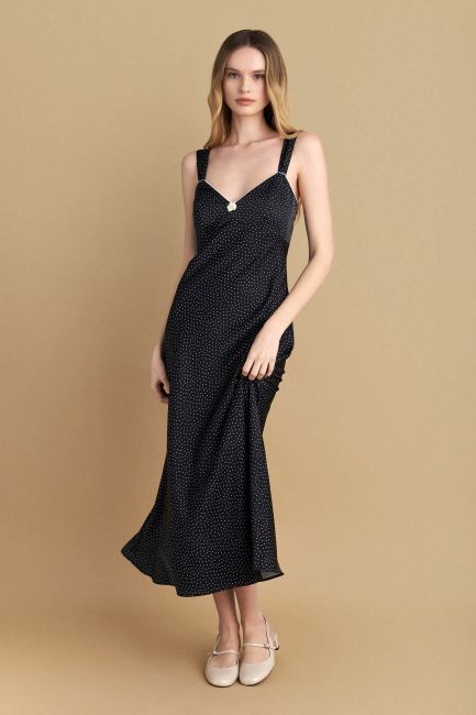 Midi satin polka dot dress - Black