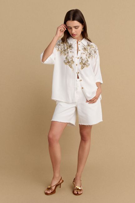 Embellished shirt with print and beads - Off white