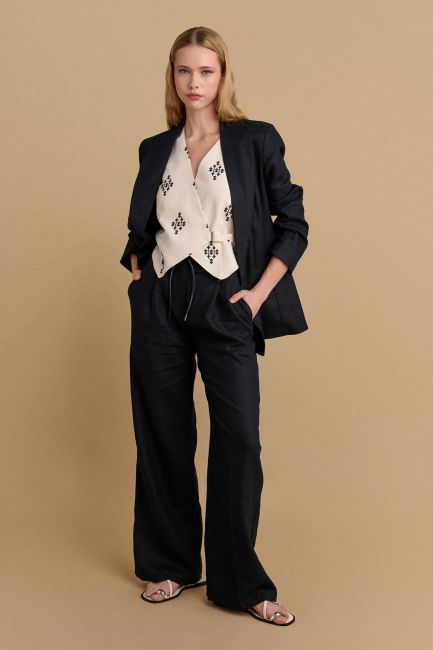 Belted linen pants - Black