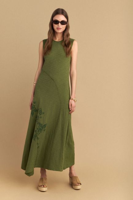 Abstract floral-print cotton dress - Light khaki