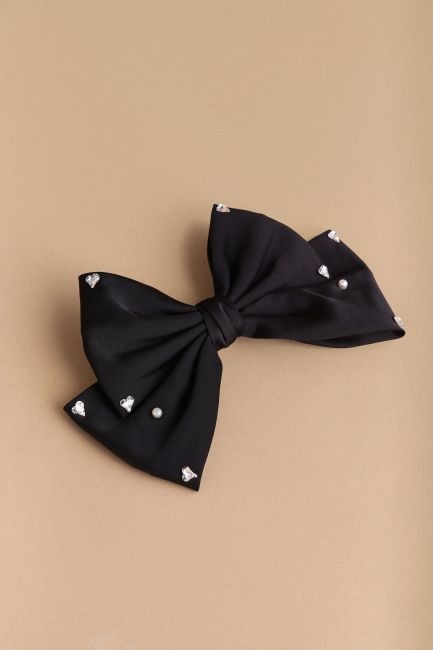 Embellished bow clip-brooch - Black