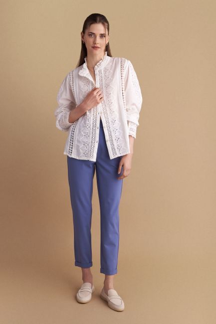 Elastic-waist turn-up hem trousers - Light blue