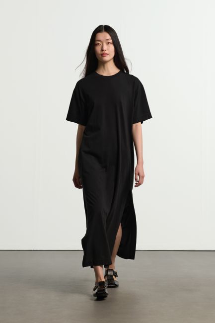 Maxi cotton dress with high slits - Black