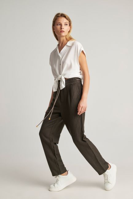 Linen drawstring trousers - Almost black